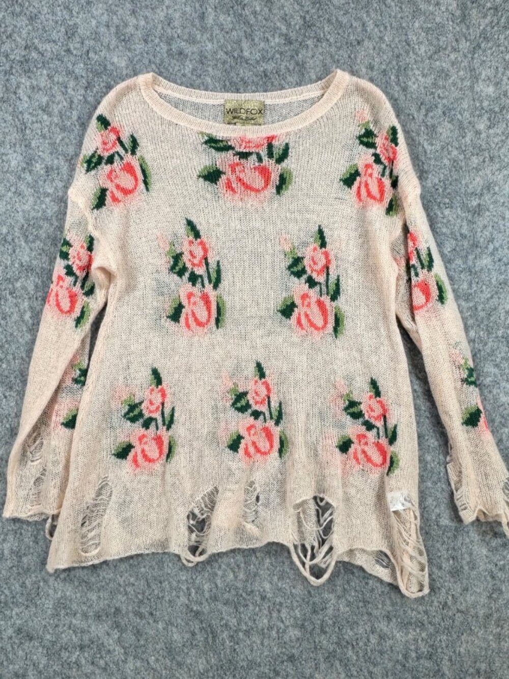 Wildfox White Label Prairie Rose Sweater Sz XS Distressed Pink